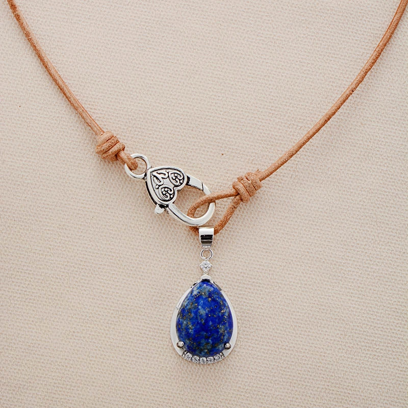 Wholesale Natural Stone Water Drop Pendant Cowhide Rope Necklace