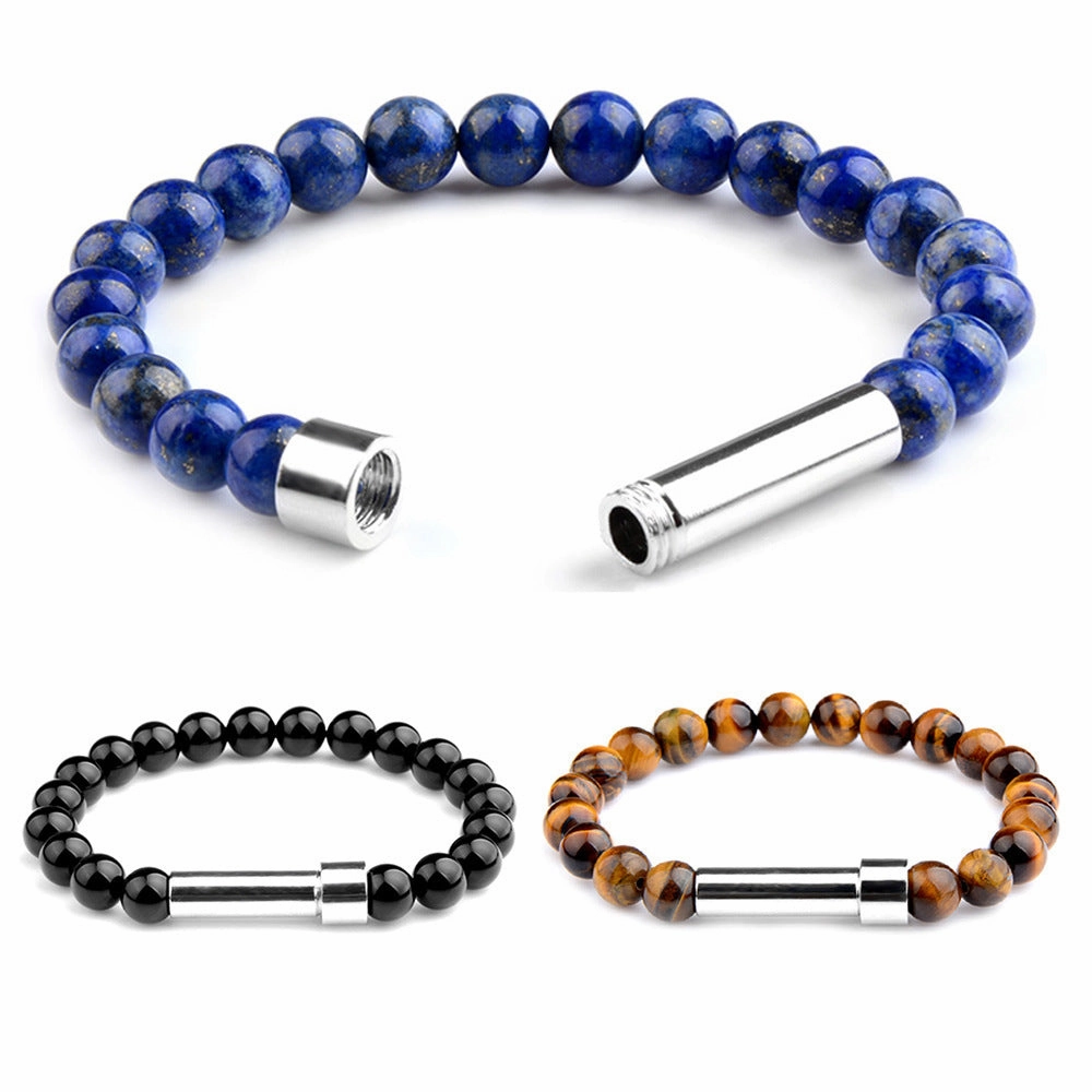 Wholesale Natural Stone Wishing Tiger Eye Lapis Lazuli Stainless Steel Round Tube Knob Bracelet