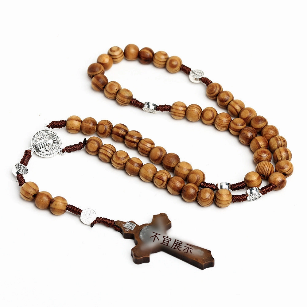 Wholesale Natural Wood Beads Cross Rosary Necklace