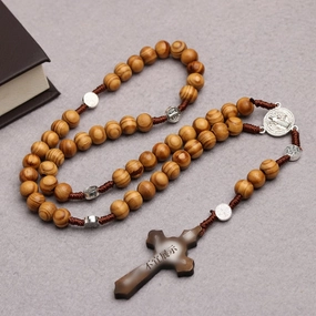 Wholesale Natural Wood Beads Cross Rosary Necklace