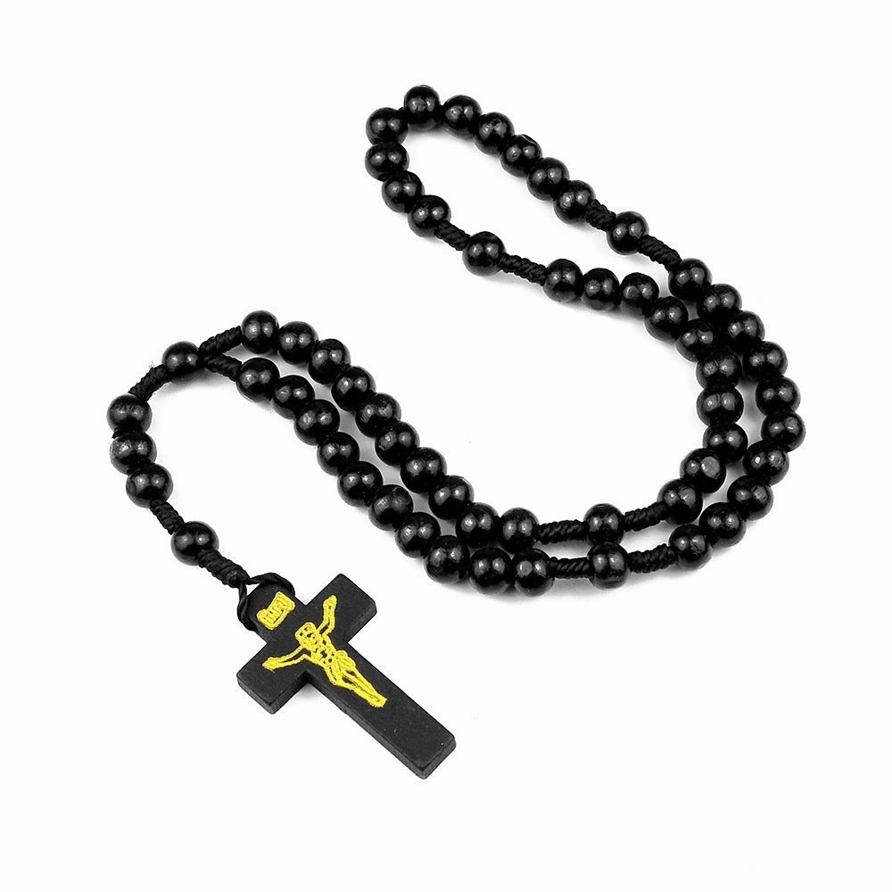 Wholesale Natural Wood Cross Rosary Braided 8mm Wooden Beads Necklace