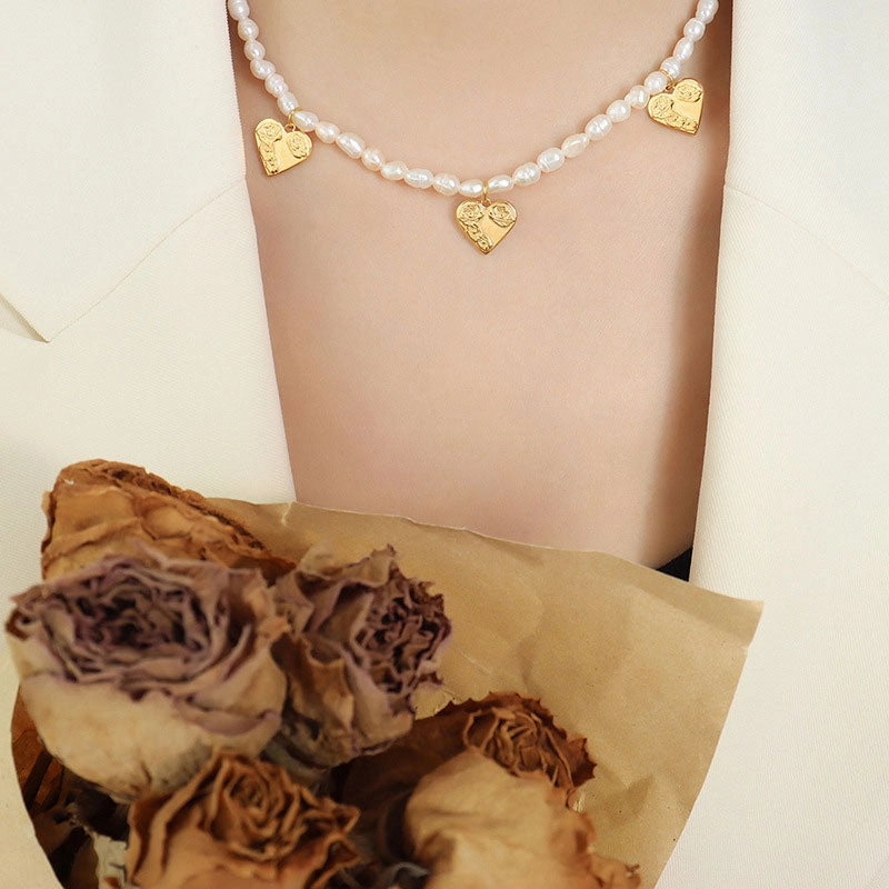 Wholesale Necklace Baroque Pearl Titanium Steel Heart Shape OLY-NE-FanT001