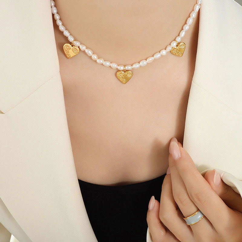 Wholesale Necklace Baroque Pearl Titanium Steel Heart Shape OLY-NE-FanT001