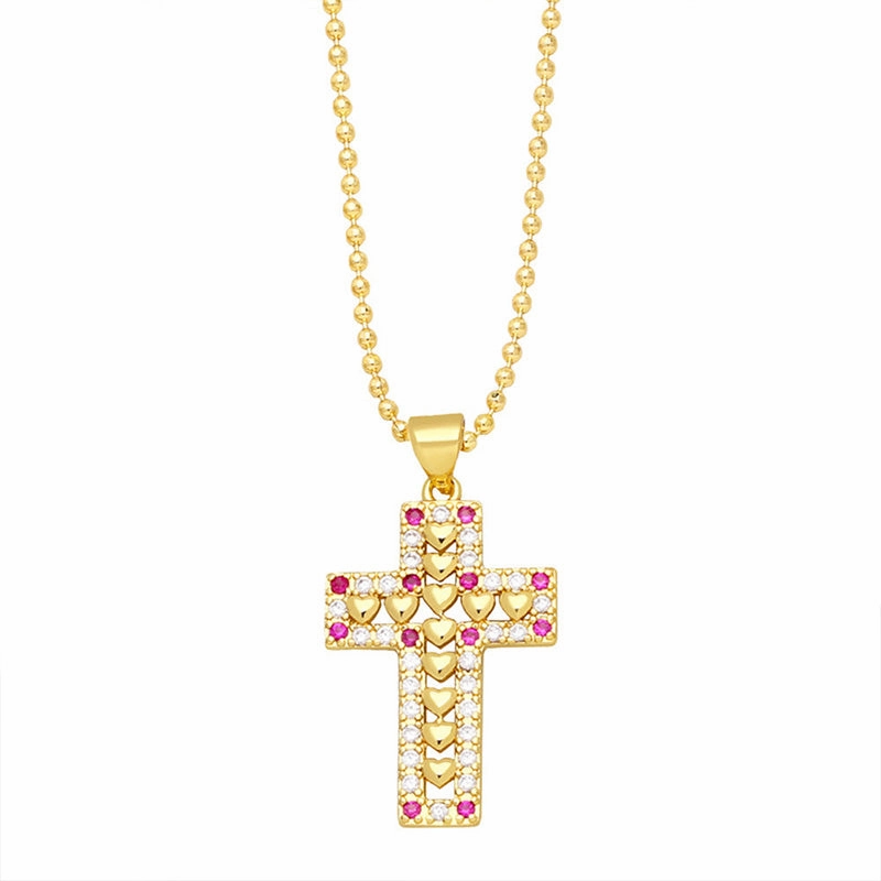 Wholesale Necklace Copper Plated 18K Gold Zircon Diamond Cross OLY-NE-AS010