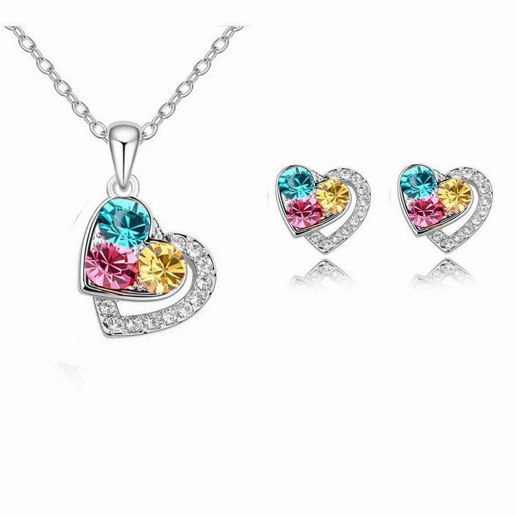 Wholesale Necklace Set Colorful Diamond Heart Shape Female Pendant Alloy Earrings