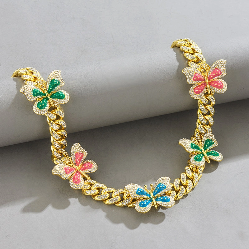 Wholesale Necklaces Alloy Cuban Chain Full Diamond Colorful Butterfly OLY-NE-XD002