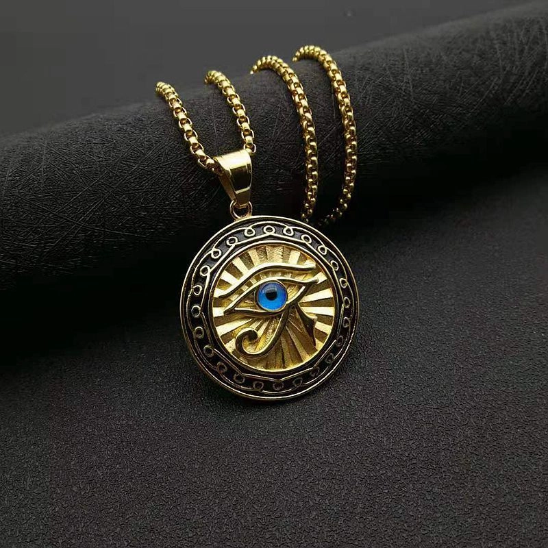 Wholesale New Alloy Gold Plated Blue Eyes Round Plate Pendant Necklace