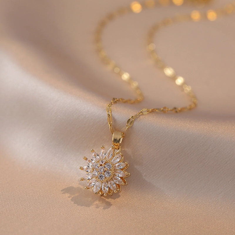 Wholesale New Arrival Diamond-encrusted Sunflower Ins Ring Rotatable Clavicle Chain Jewelry
