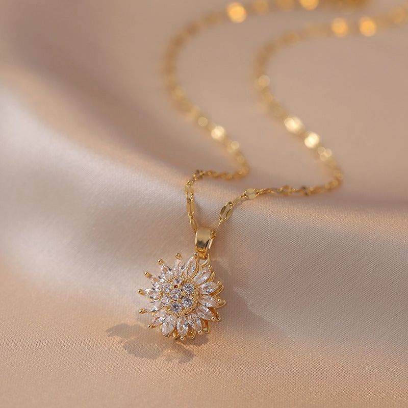 Wholesale New Arrival Diamond-encrusted Sunflower Ins Ring Rotatable Clavicle Chain Jewelry