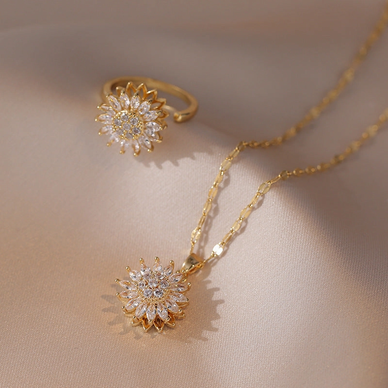 Wholesale New Arrival Diamond-encrusted Sunflower Ins Ring Rotatable Clavicle Chain Jewelry