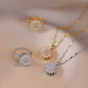 Wholesale New Arrival Diamond-encrusted Sunflower Ins Ring Rotatable Clavicle Chain Jewelry