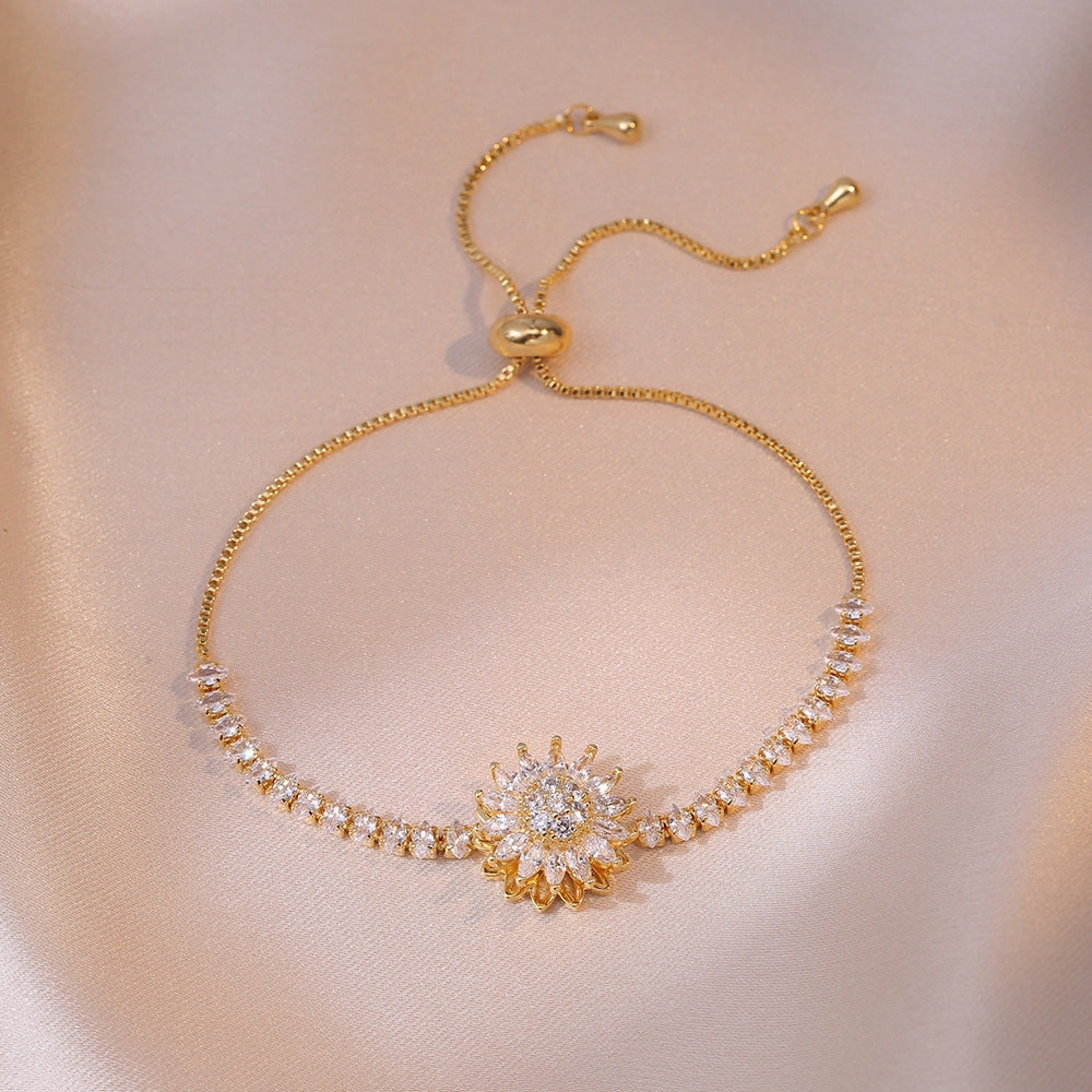 Wholesale New Arrival Diamond-encrusted Sunflower Ins Ring Rotatable Clavicle Chain Jewelry