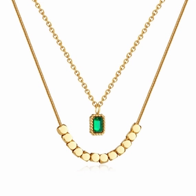 Wholesale New Chinese Style Emerald Zircon Stainless Steel Small Square Necklace