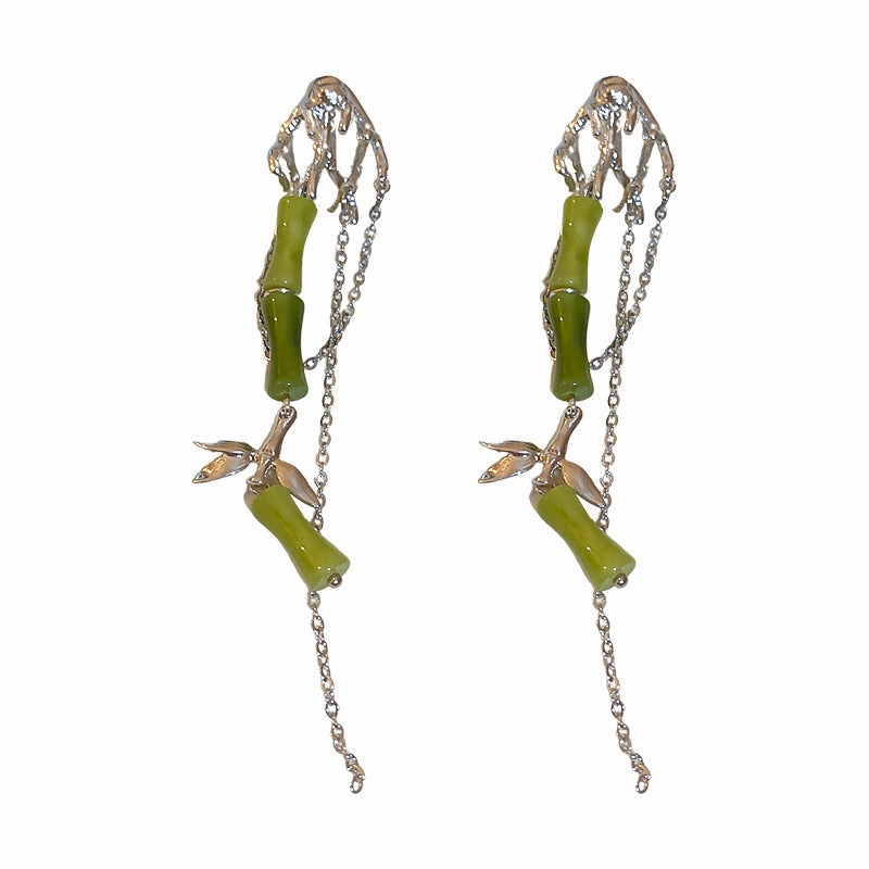 Wholesale New Chinese Style Green Bamboo Tassel Alloy Earrings