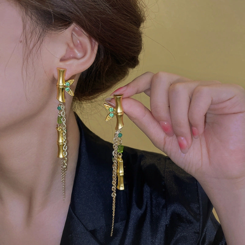 Wholesale New Chinese Style Green Bamboo Tassel Alloy Earrings