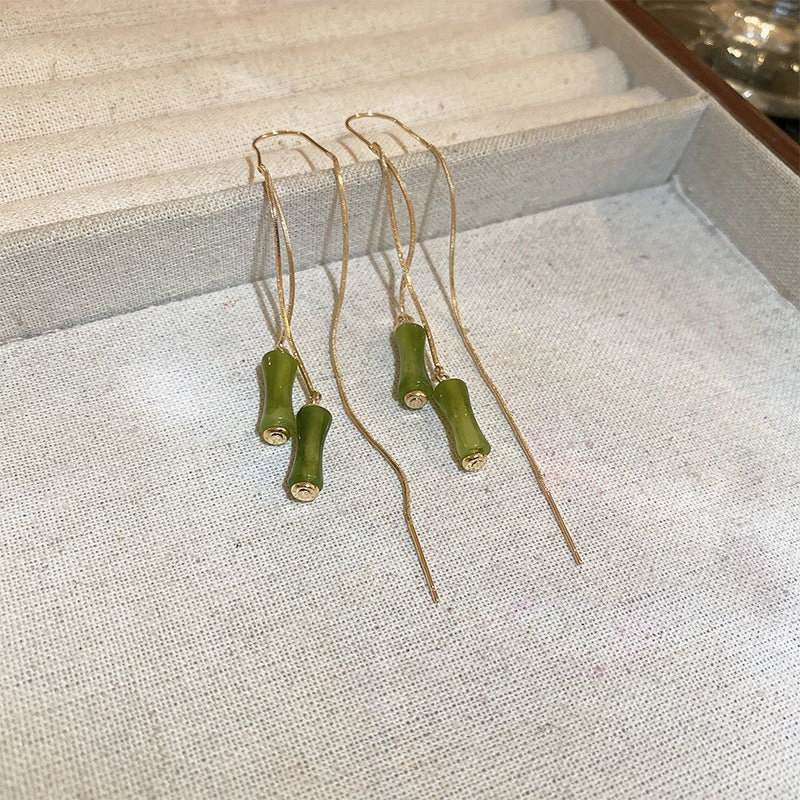 Wholesale New Chinese Style Green Bamboo Tassel Alloy Earrings