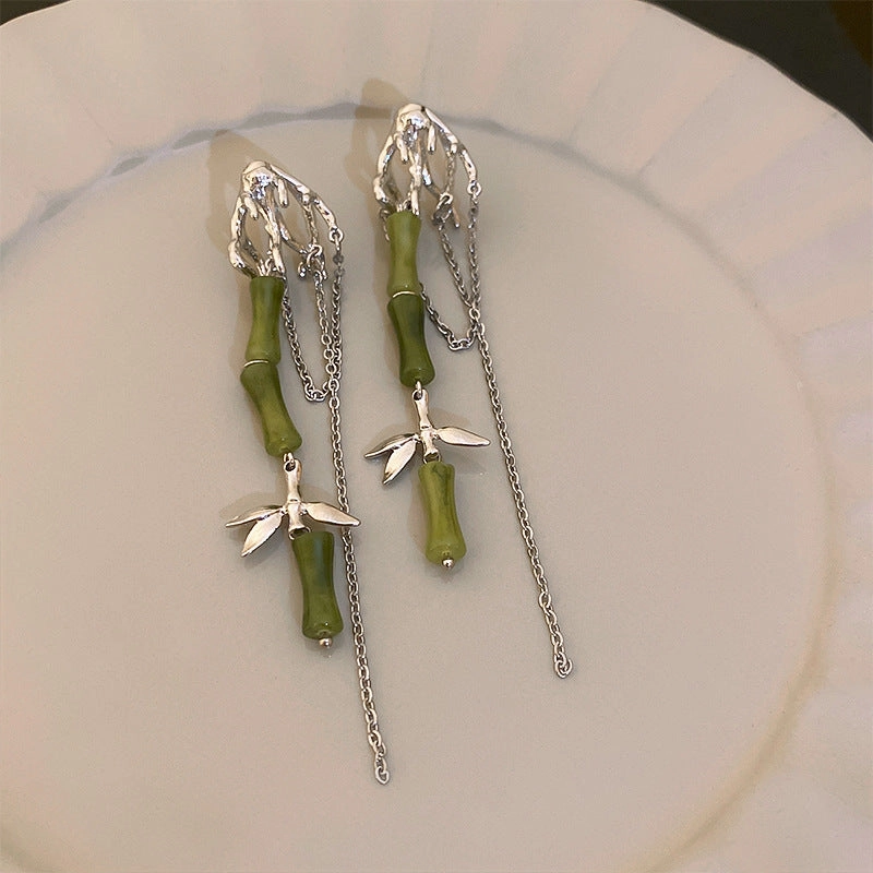 Wholesale New Chinese Style Green Bamboo Tassel Alloy Earrings