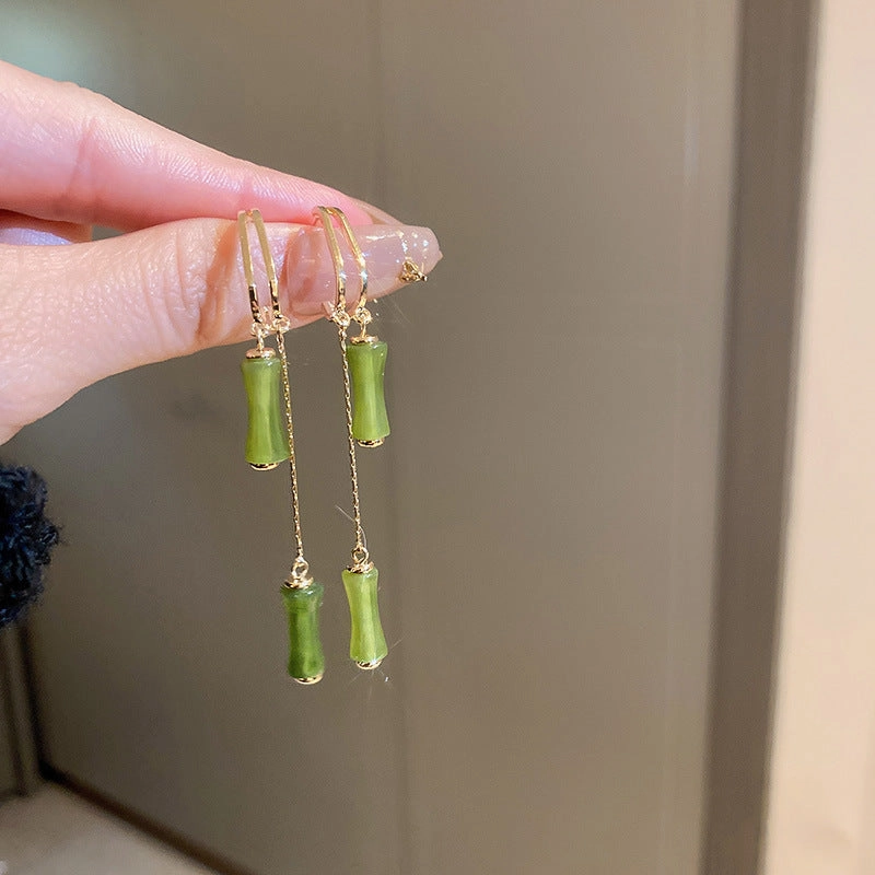 Wholesale New Chinese Style Green Bamboo Tassel Alloy Earrings