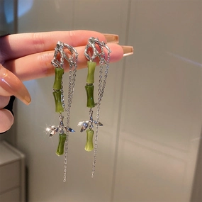 Wholesale New Chinese Style Green Bamboo Tassel Alloy Earrings