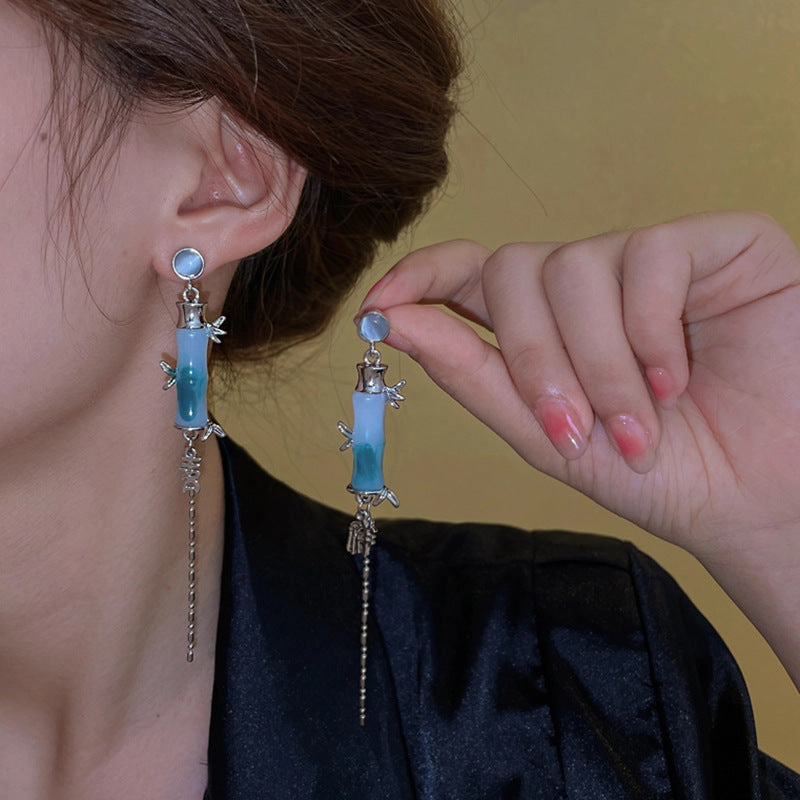 Wholesale New Chinese Style Green Bamboo Tassel Alloy Earrings