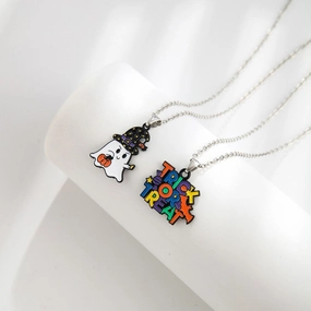 Wholesale New Halloween Cartoon Kids Alloy Drip Oil Spooky Pumpkin Necklace Set