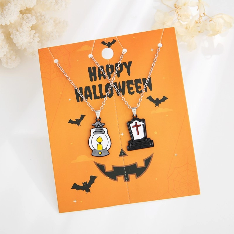 Wholesale New Halloween Cartoon Kids Alloy Drip Oil Spooky Pumpkin Necklace Set