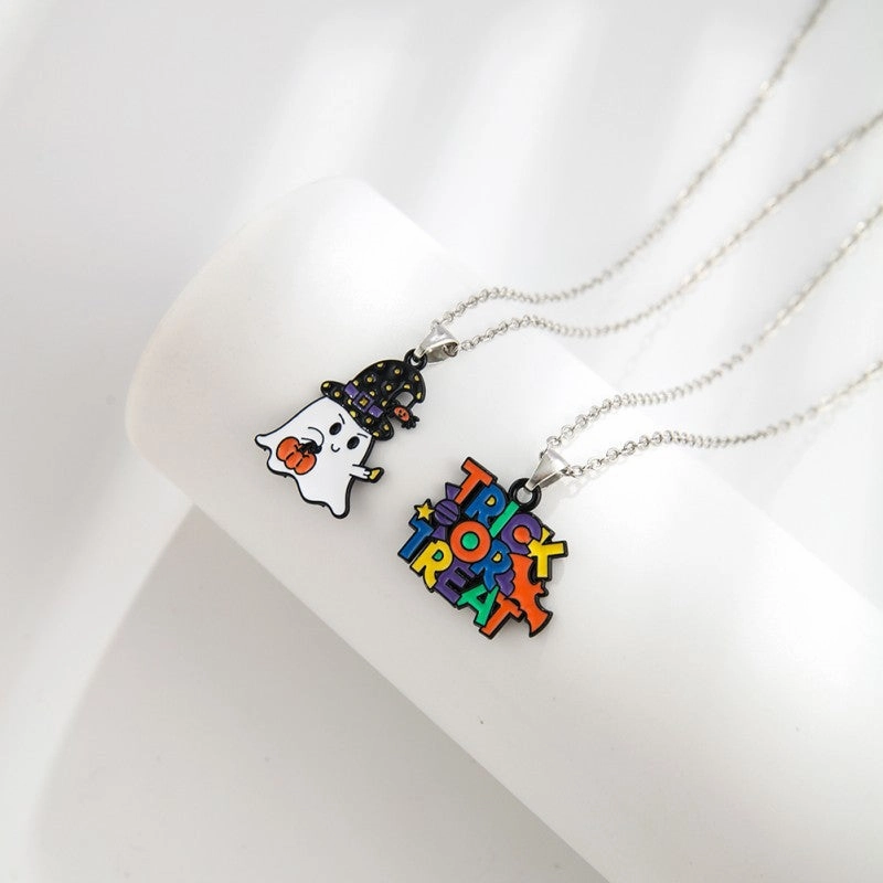 Wholesale New Halloween Cartoon Kids Alloy Drip Oil Spooky Pumpkin Necklace Set