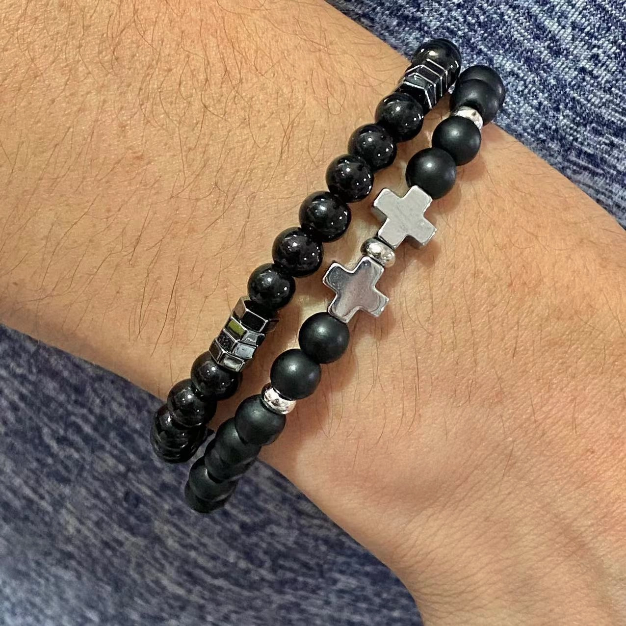 Wholesale New Men's Beaded Cross Bracelet Set