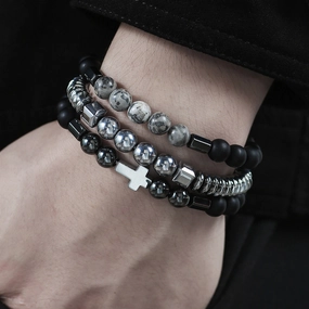 Wholesale New Men's Beaded Cross Bracelet Set