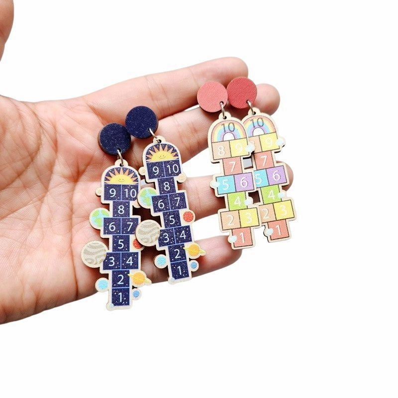 Wholesale Number Jump Game Wooden Earrings