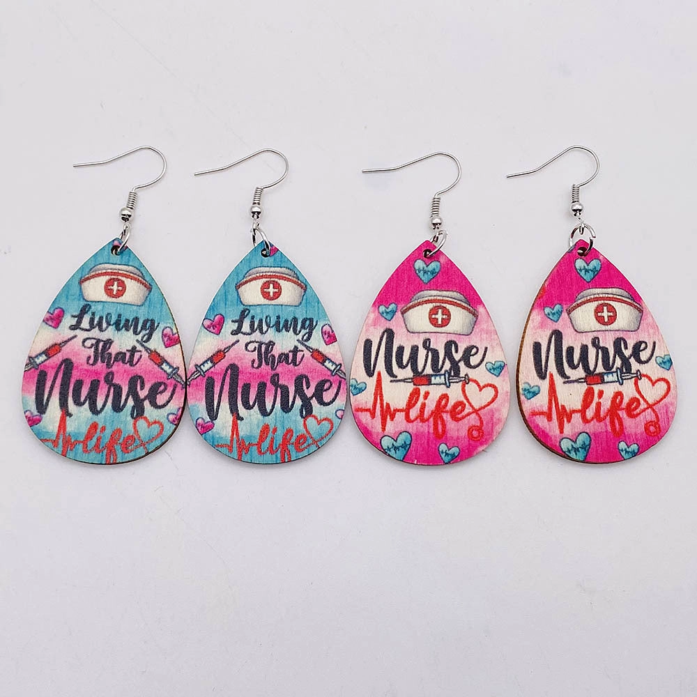 Wholesale Nurses Day Teardrop Wooden Earrings