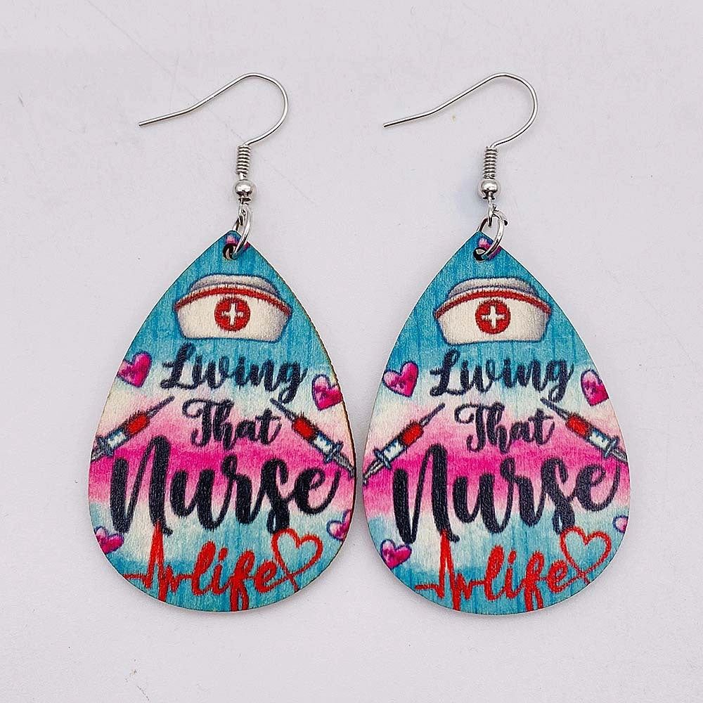 Wholesale Nurses Day Teardrop Wooden Earrings
