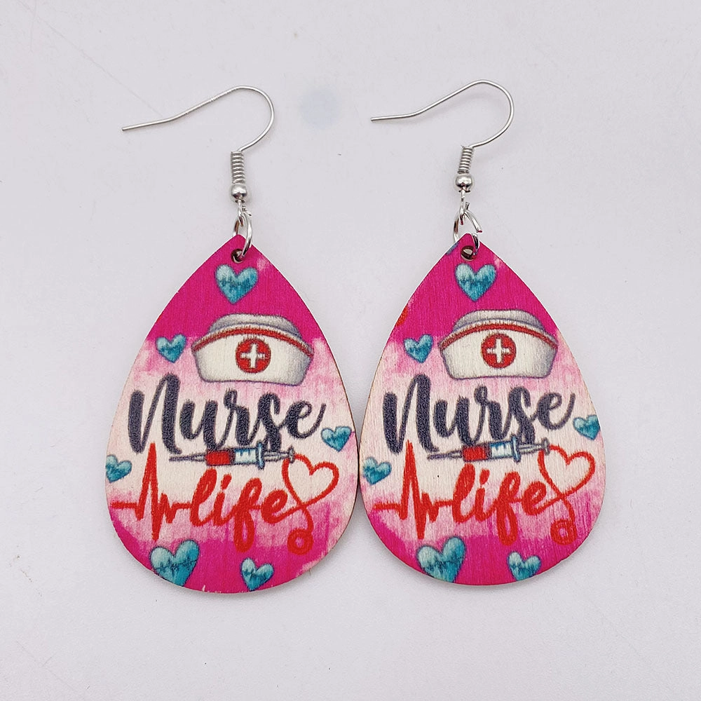 Wholesale Nurses Day Teardrop Wooden Earrings