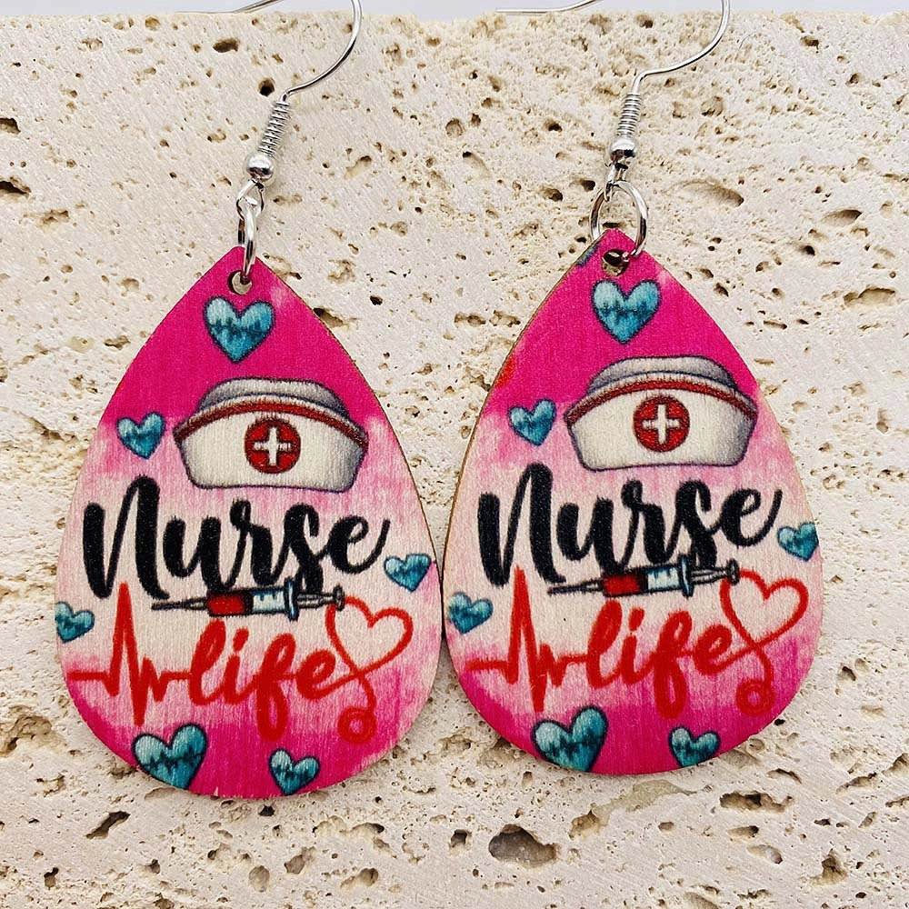 Wholesale Nurses Day Teardrop Wooden Earrings