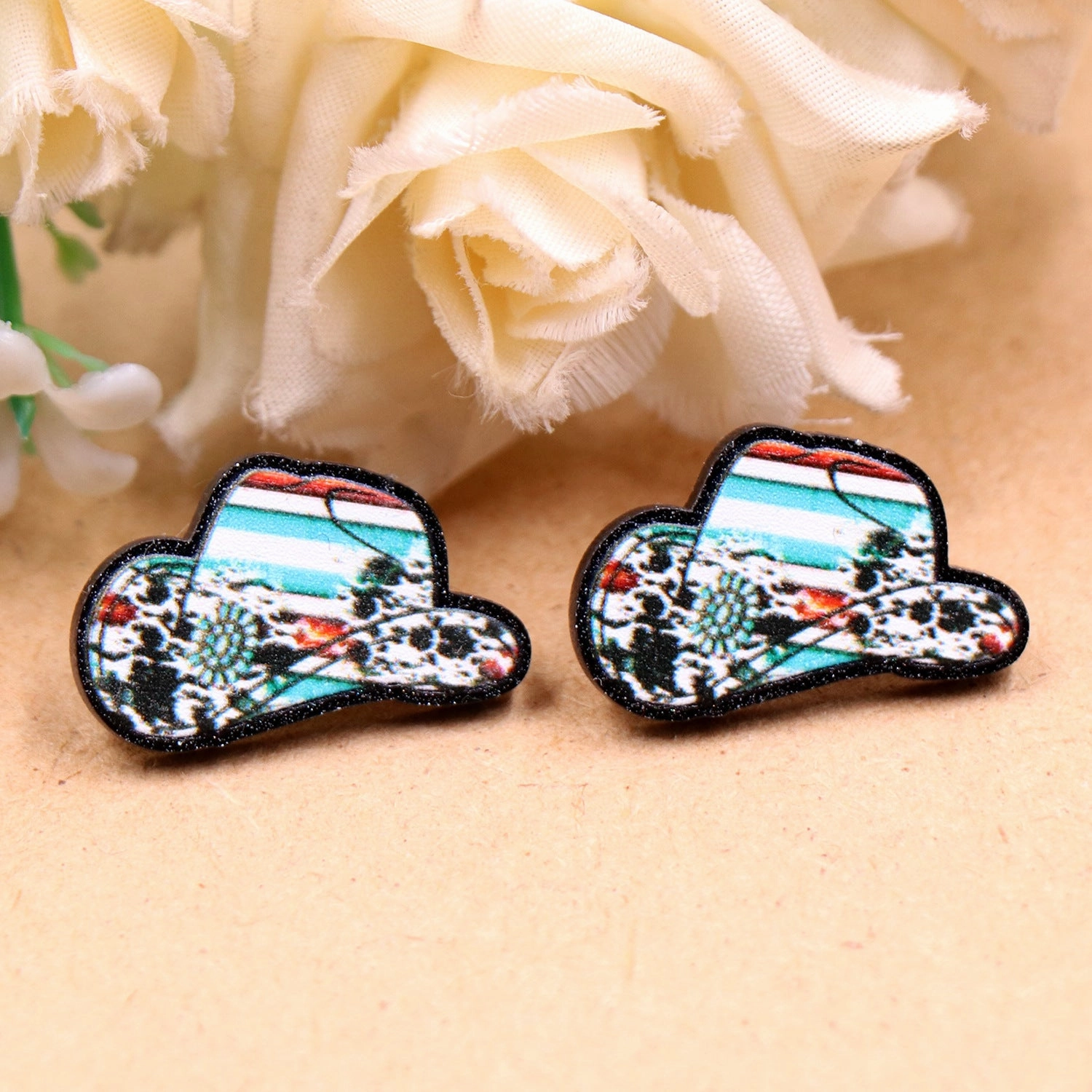 Wholesale of 10PCS/PACK Western Animal Pattern Denim Hat Acrylic Earrings