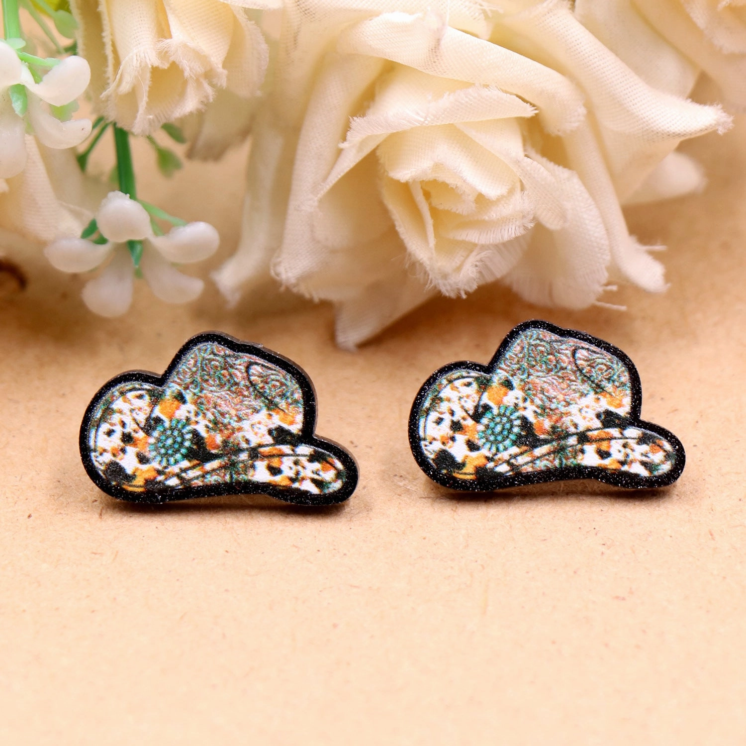 Wholesale of 10PCS/PACK Western Animal Pattern Denim Hat Acrylic Earrings