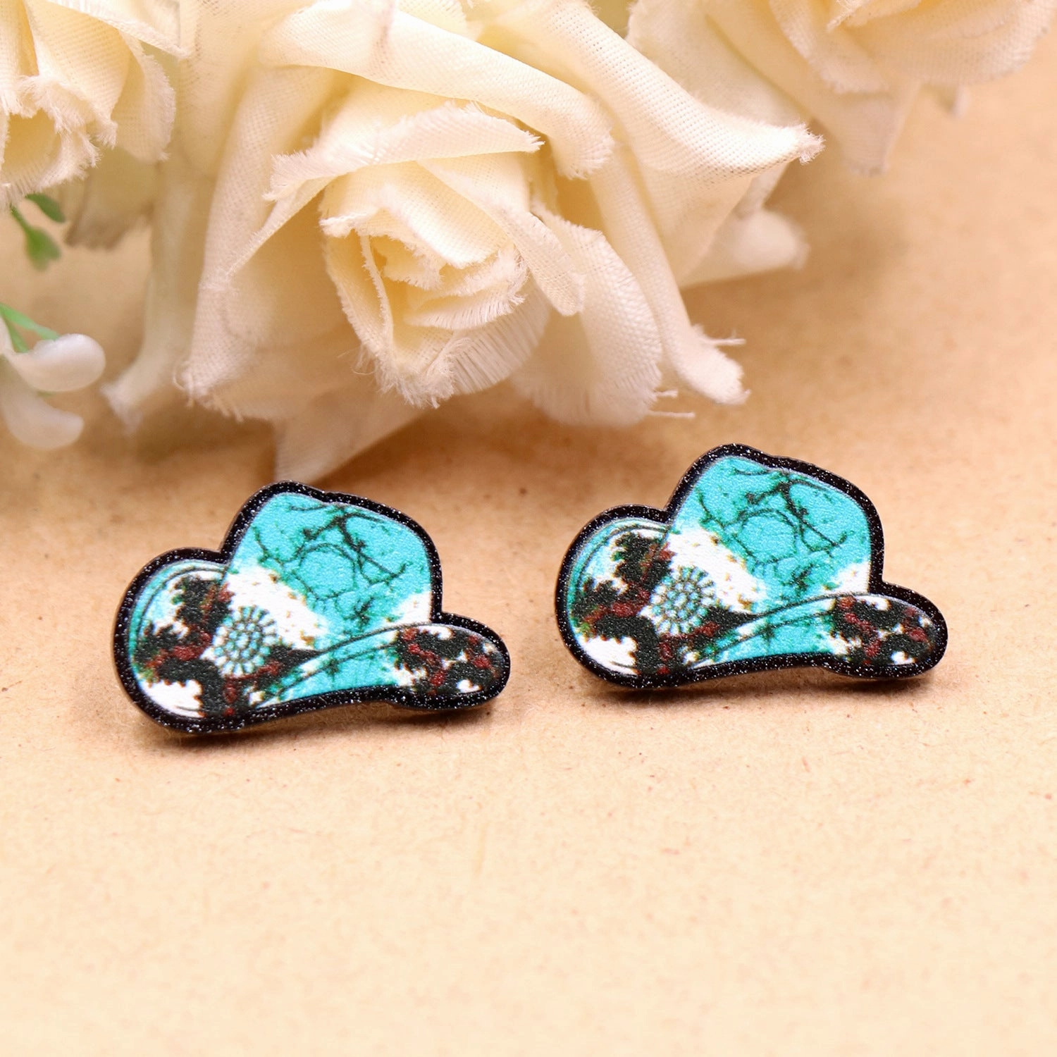Wholesale of 10PCS/PACK Western Animal Pattern Denim Hat Acrylic Earrings