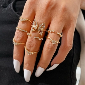 Wholesale of 8-piece Alloy Set with Full Diamond Butterfly Opening Rings