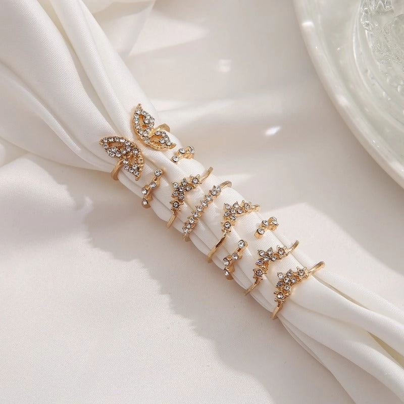 Wholesale of 8-piece Alloy Set with Full Diamond Butterfly Opening Rings