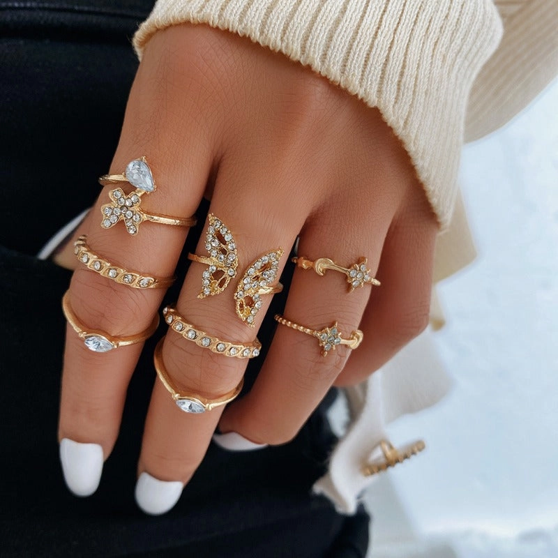 Wholesale of 8-piece Alloy Set with Full Diamond Butterfly Opening Rings