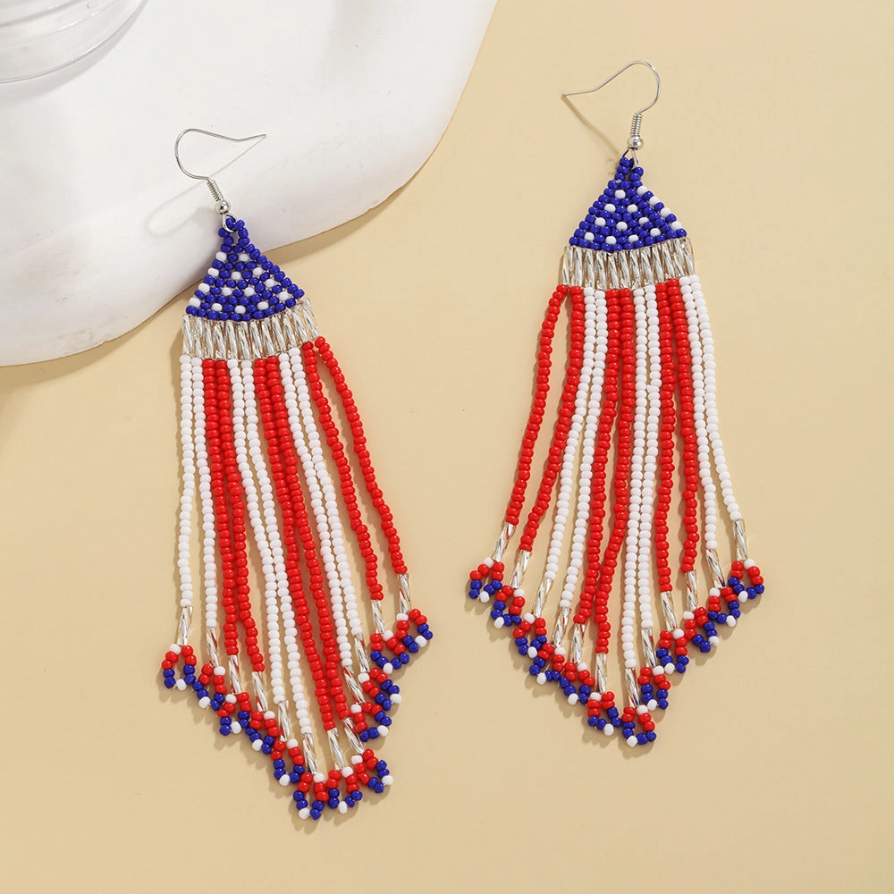 Wholesale of American Flag Rice Bead Tassels Hand Woven Earrings