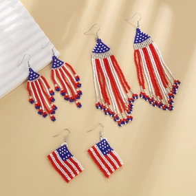 Wholesale of American Flag Rice Bead Tassels Hand Woven Earrings