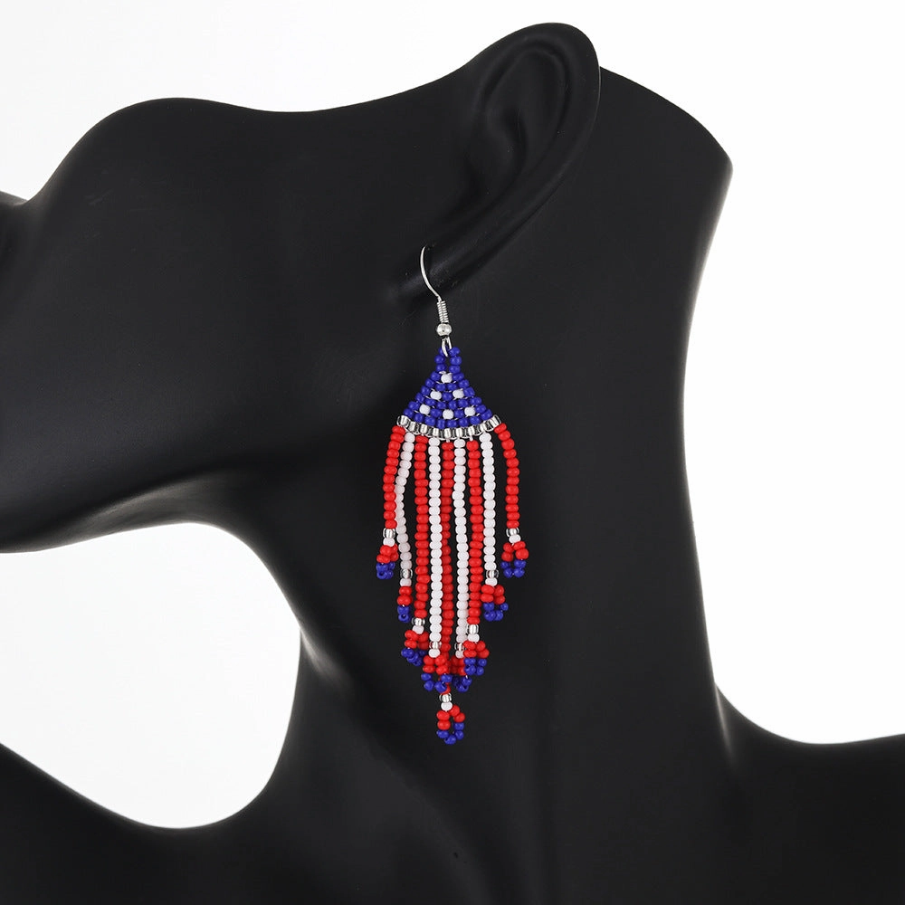 Wholesale of American Flag Rice Bead Tassels Hand Woven Earrings