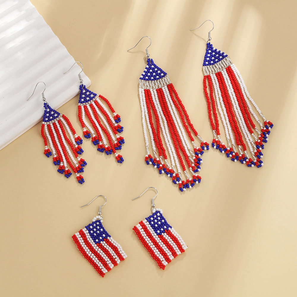 Wholesale of American Flag Rice Bead Tassels Hand Woven Earrings