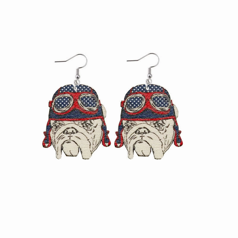 Wholesale of American Independence Day Wooden Pilot Dog Earrings