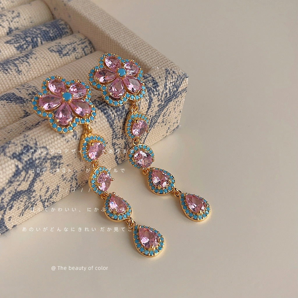 Wholesale of Long Copper Inlaid Zircon Earrings