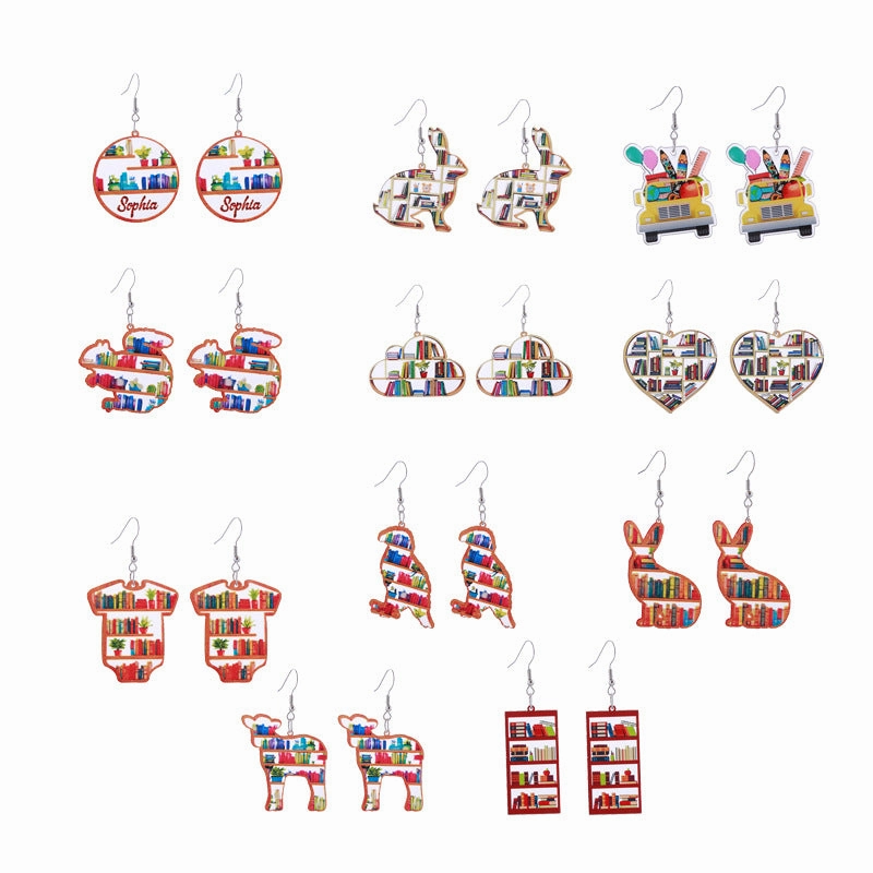 Wholesale of Love Cloud Bookshelf Rabbit Squirrel Book Acrylic Earrings for The Beginning of School Season