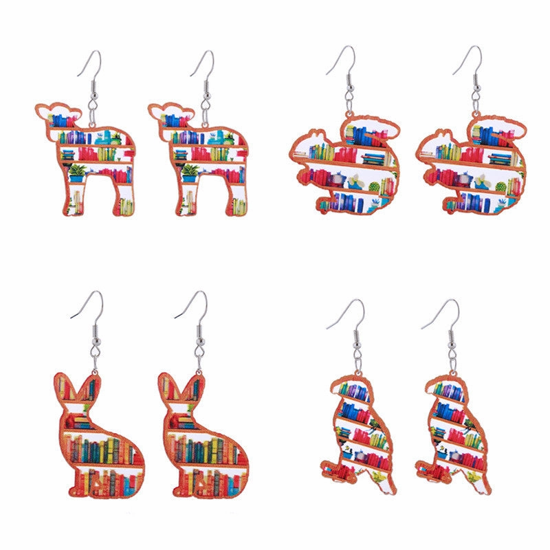 Wholesale of Love Cloud Bookshelf Rabbit Squirrel Book Acrylic Earrings for The Beginning of School Season
