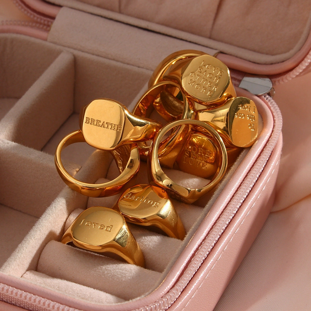 Wholesale of New English Letter Titanium Steel Electroplated 18K Gold Ring