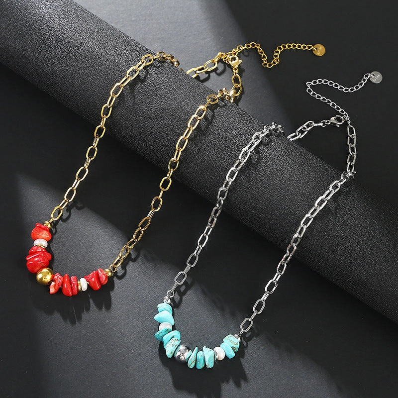 Wholesale of Pine Stone Orchid Red Stone, Freshwater Pearl Clavicle Stainless Steel Necklace